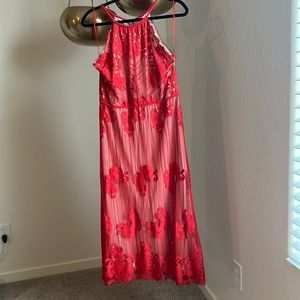 Chelsea & Violet’s Red-Orange Lacey Halter Midi Dress